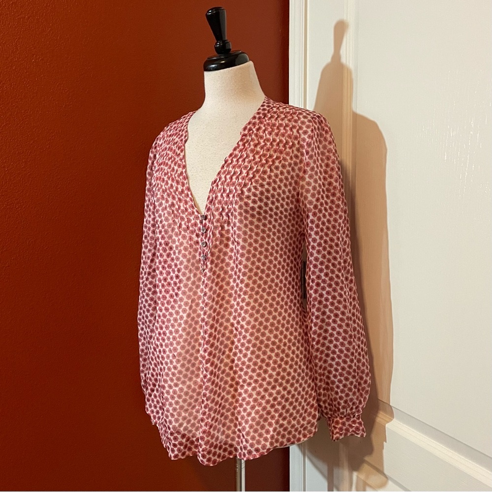 L’agence Women’s 100% Silk Button Up Sheer‎ Red Floral Print Romantic Blouse Top